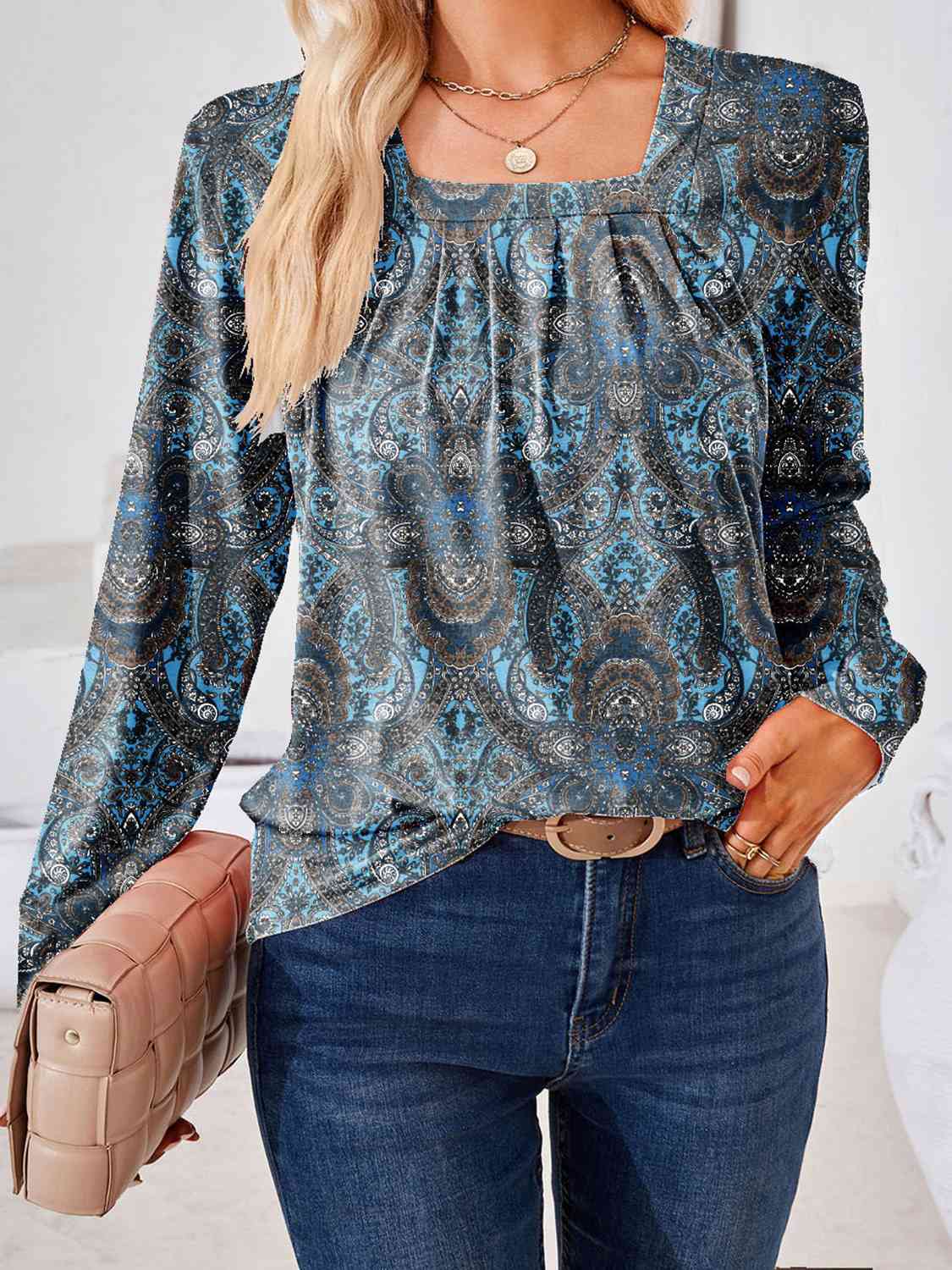 Full Size Square Neck Long Sleeve Blouse BLUE ZONE PLANET