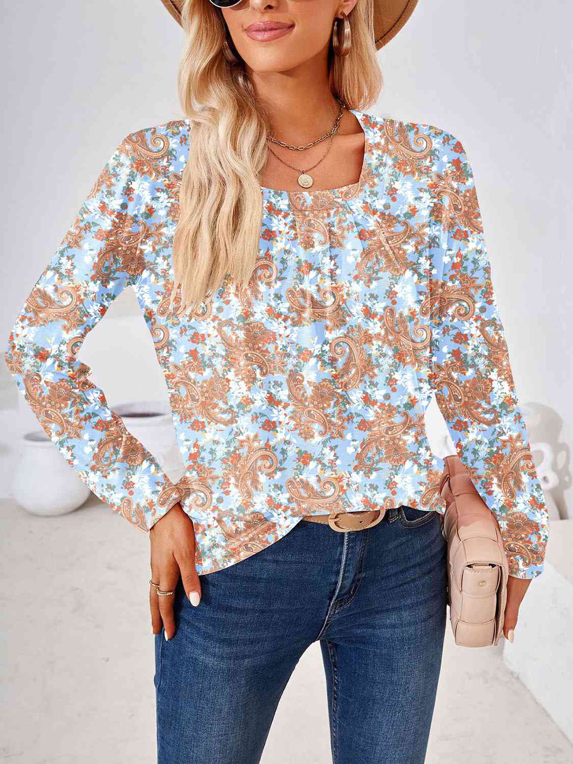 Full Size Square Neck Long Sleeve Blouse BLUE ZONE PLANET