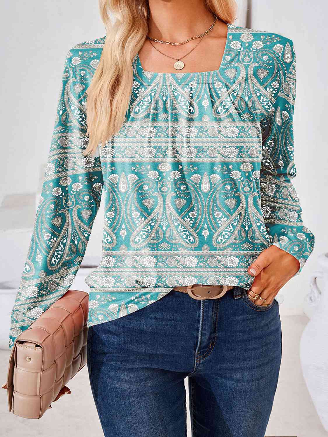 Full Size Square Neck Long Sleeve Blouse BLUE ZONE PLANET