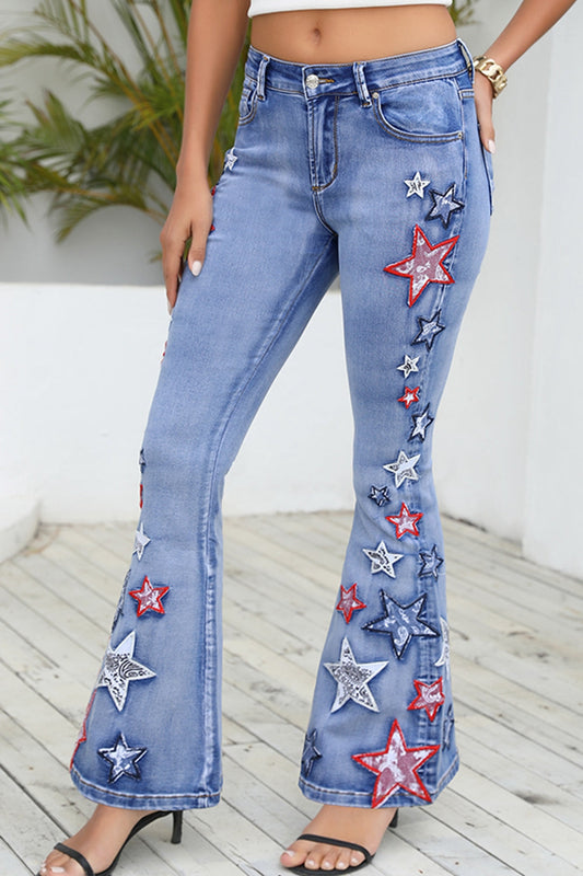 Full Size Star Applique Wide Leg Jeans BLUE ZONE PLANET
