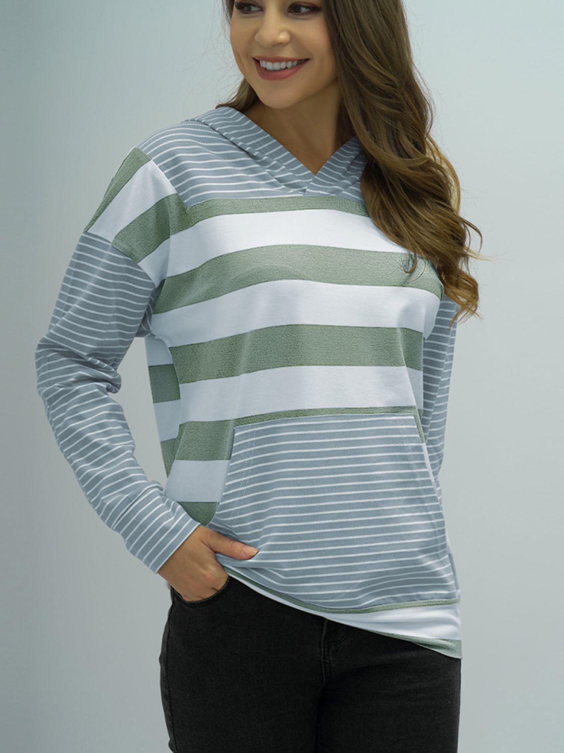 Full Size Striped Long Sleeve Hoodie BLUE ZONE PLANET