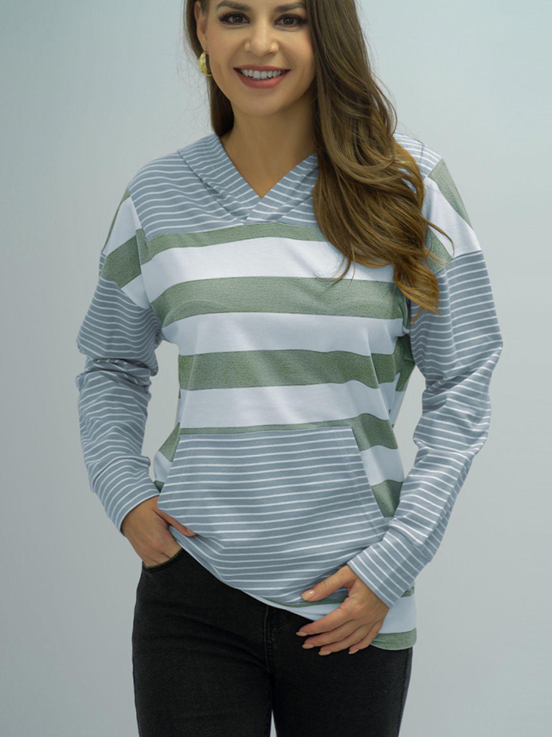 Full Size Striped Long Sleeve Hoodie BLUE ZONE PLANET