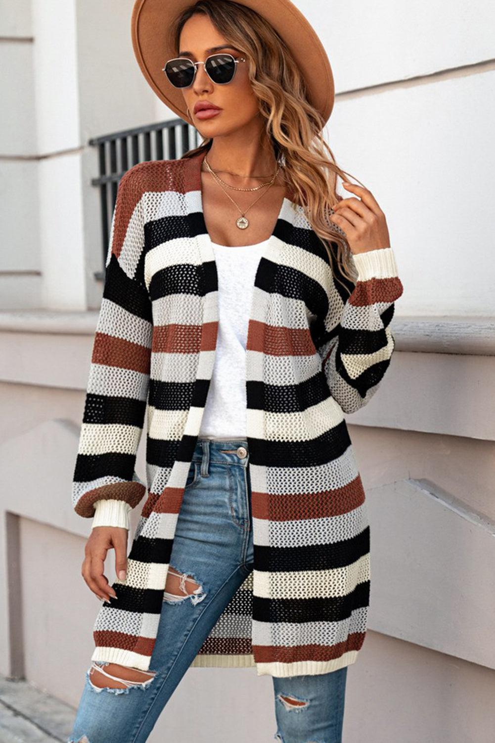 Full Size Striped Long Sleeve Openwork Cardigan BLUE ZONE PLANET