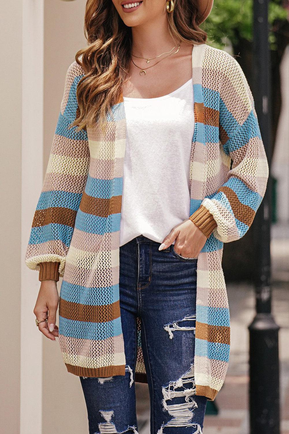 Full Size Striped Long Sleeve Openwork Cardigan BLUE ZONE PLANET