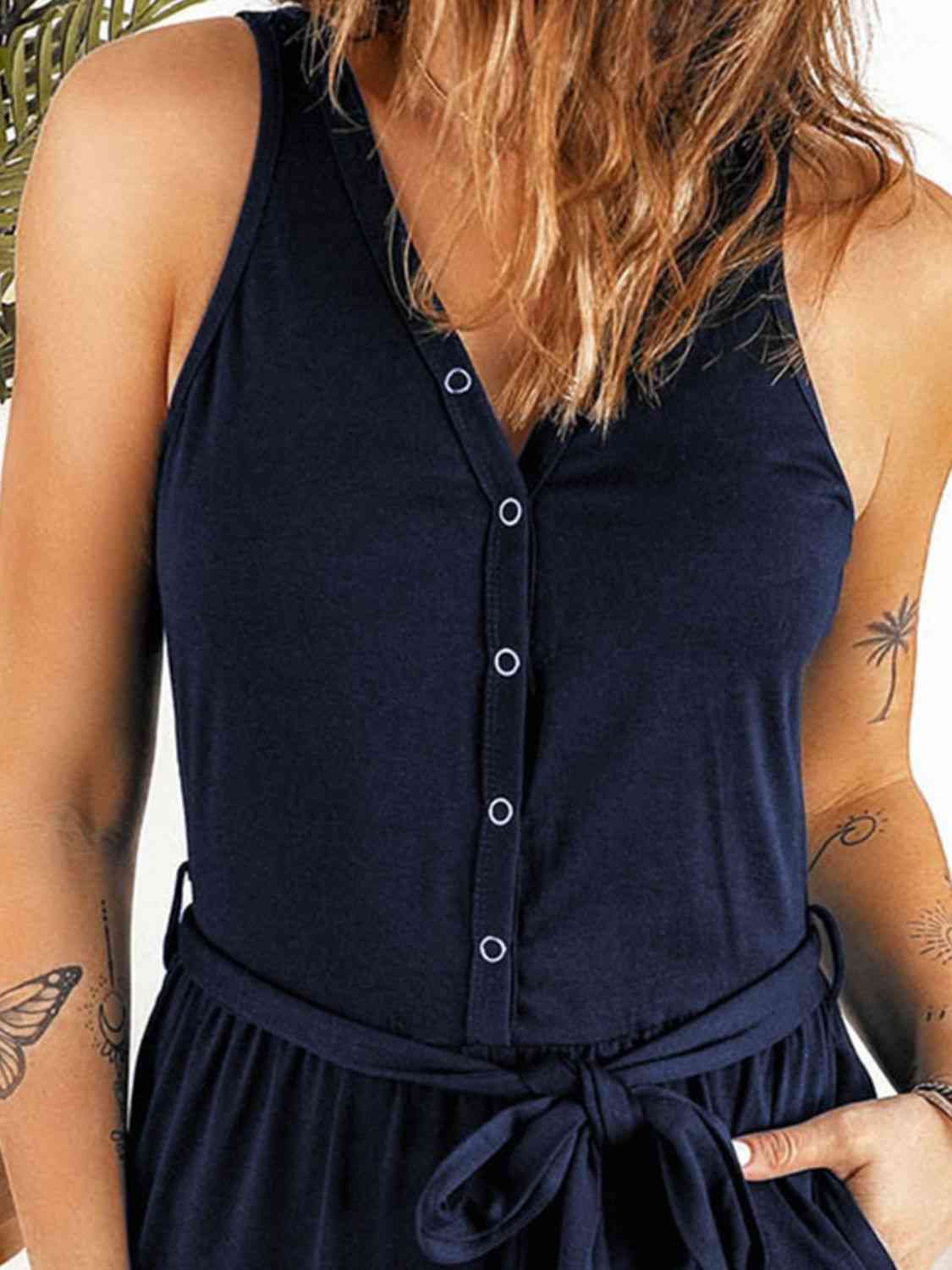 Full Size Tie Waist Sleeveless Jumpsuit with Pockets BLUE ZONE PLANET