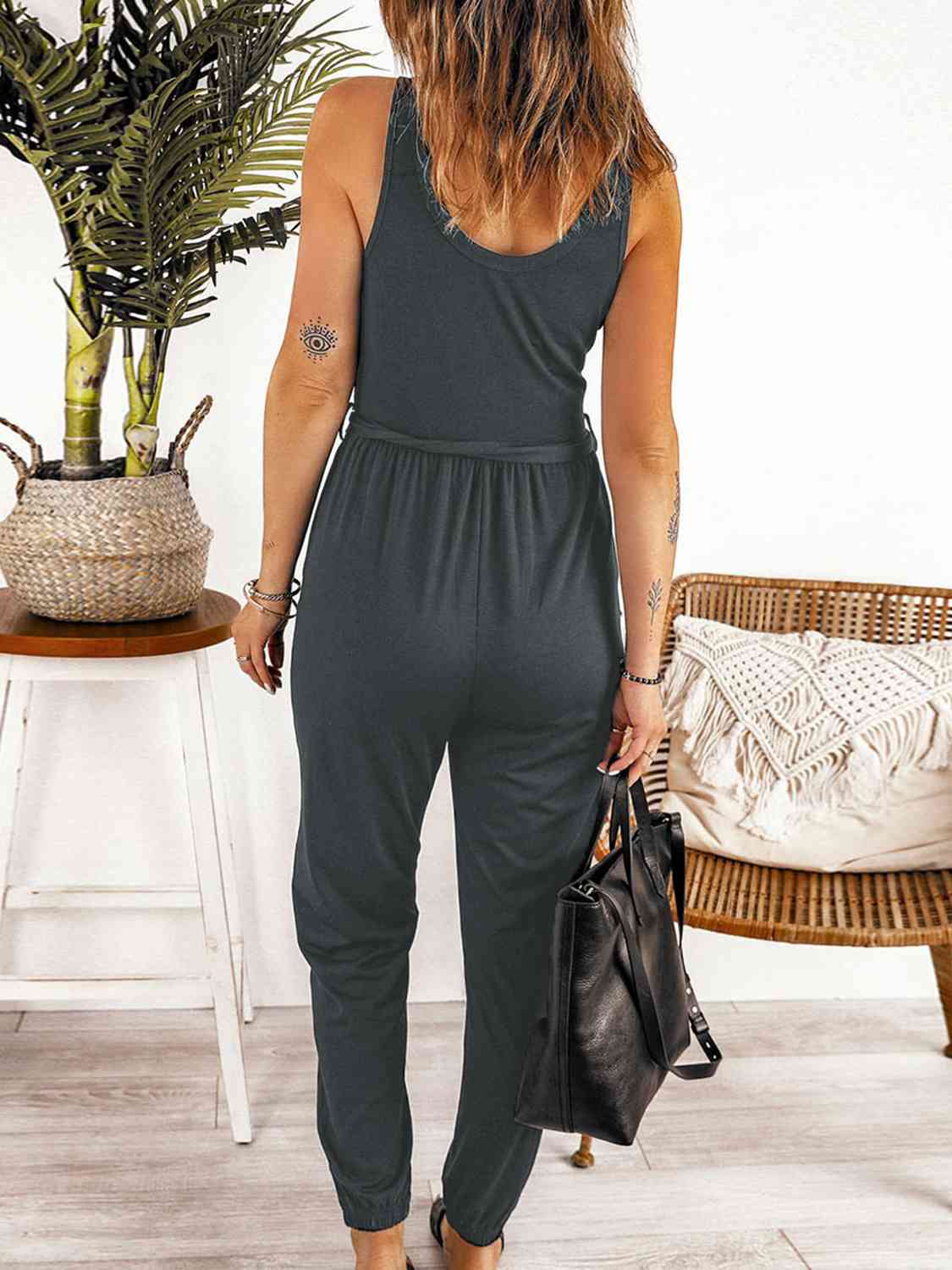 Full Size Tie Waist Sleeveless Jumpsuit with Pockets BLUE ZONE PLANET