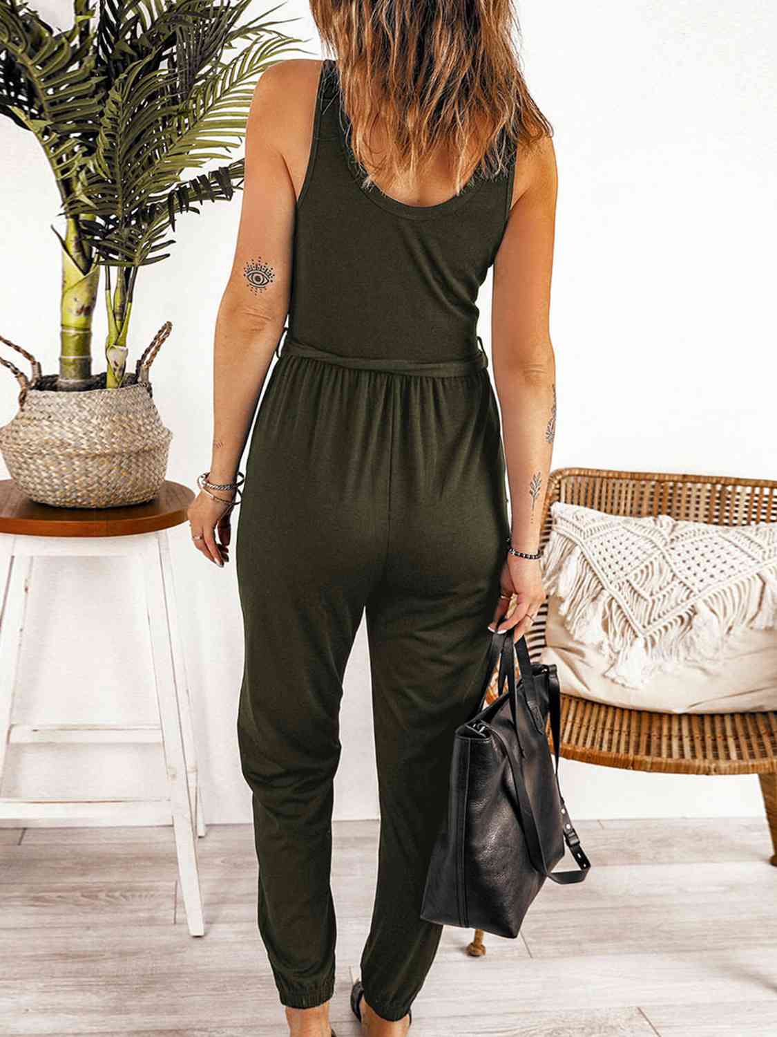 Full Size Tie Waist Sleeveless Jumpsuit with Pockets BLUE ZONE PLANET