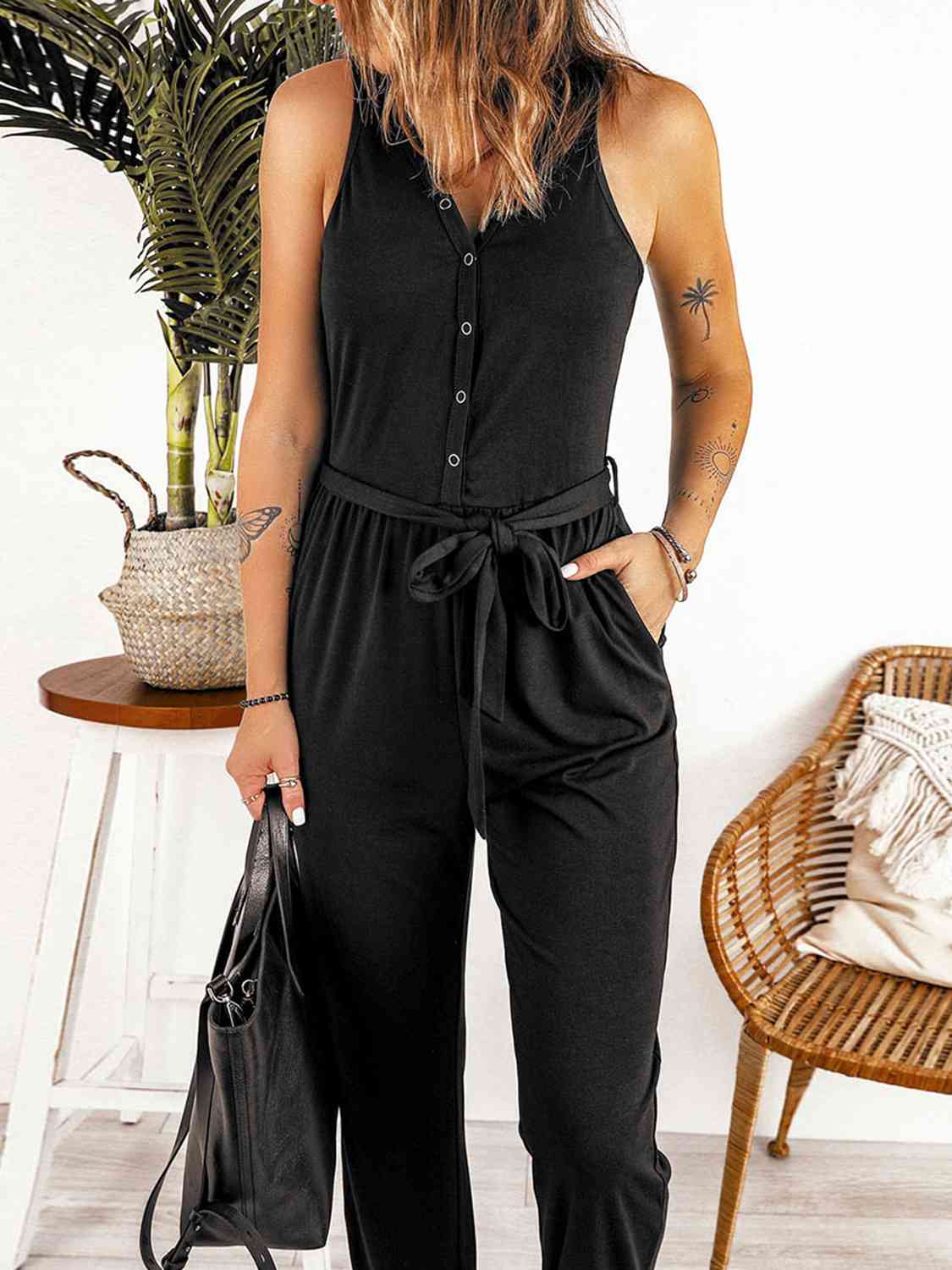 Full Size Tie Waist Sleeveless Jumpsuit with Pockets BLUE ZONE PLANET