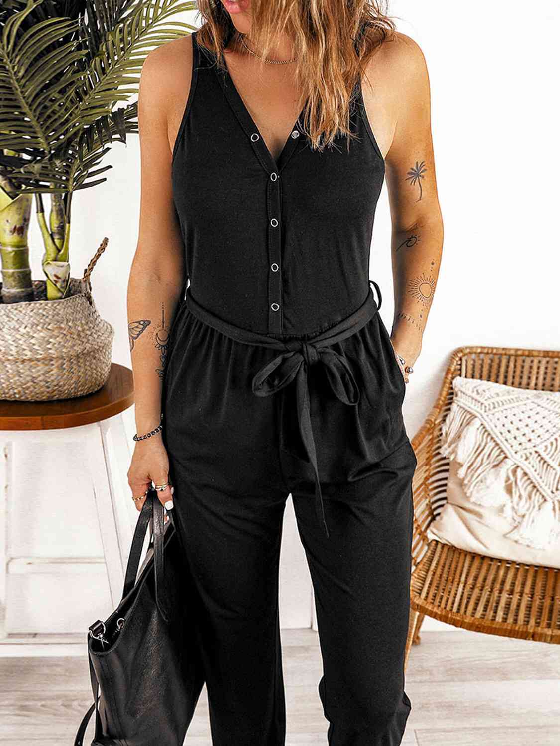 Full Size Tie Waist Sleeveless Jumpsuit with Pockets BLUE ZONE PLANET