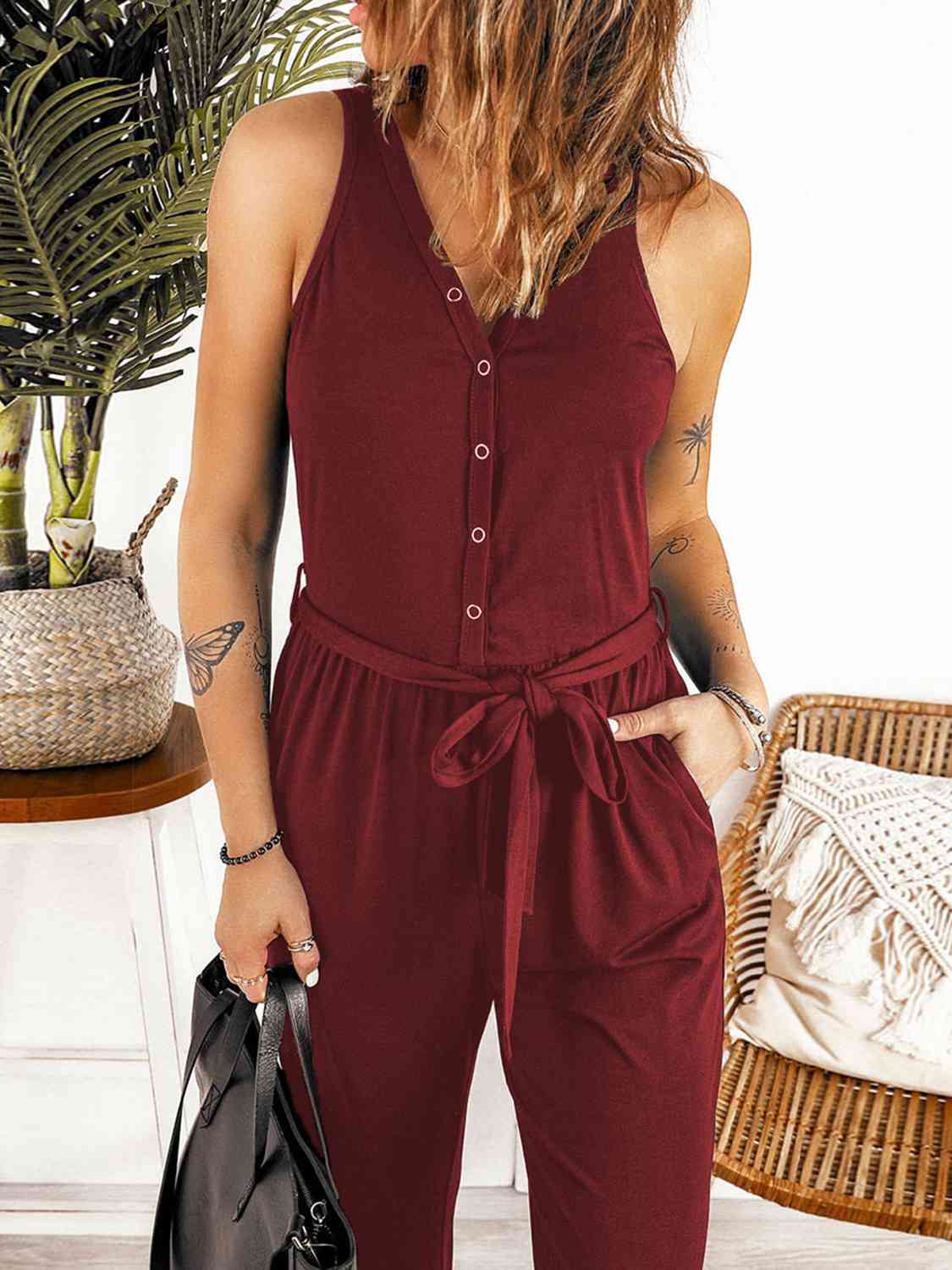 Full Size Tie Waist Sleeveless Jumpsuit with Pockets BLUE ZONE PLANET