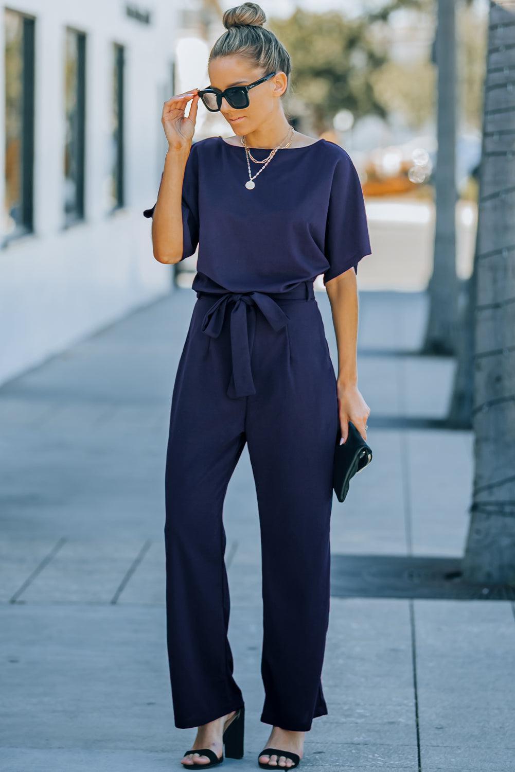 Full Size Tie Waist Straight Leg Jumpsuit BLUE ZONE PLANET