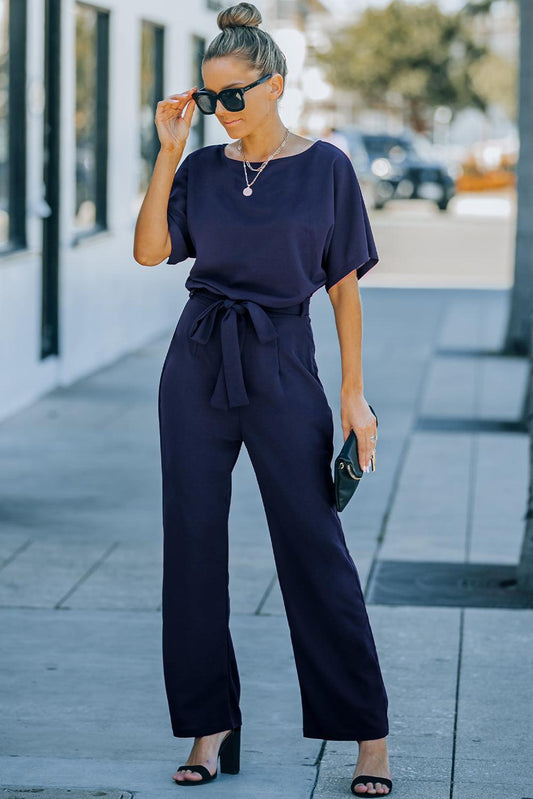 Full Size Tie Waist Straight Leg Jumpsuit BLUE ZONE PLANET