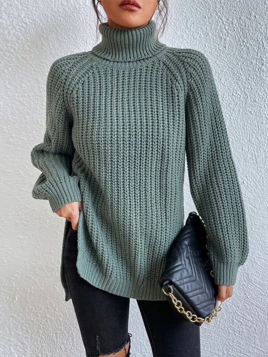 Full Size Turtleneck Rib-Knit Slit Sweater BLUE ZONE PLANET
