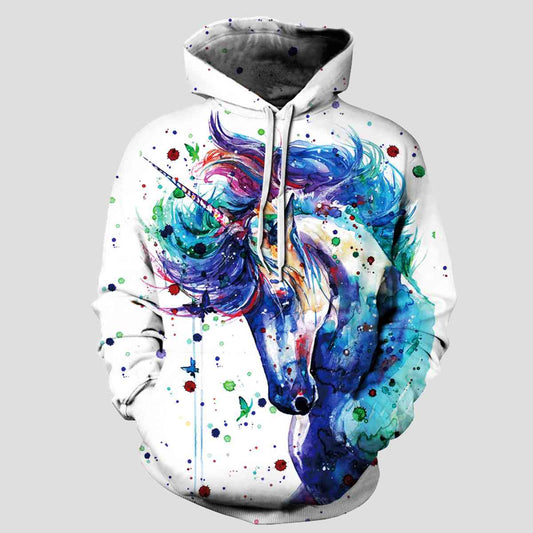 Full Size Unicorn Print Drawstring Hoodie with Pockets BLUE ZONE PLANET