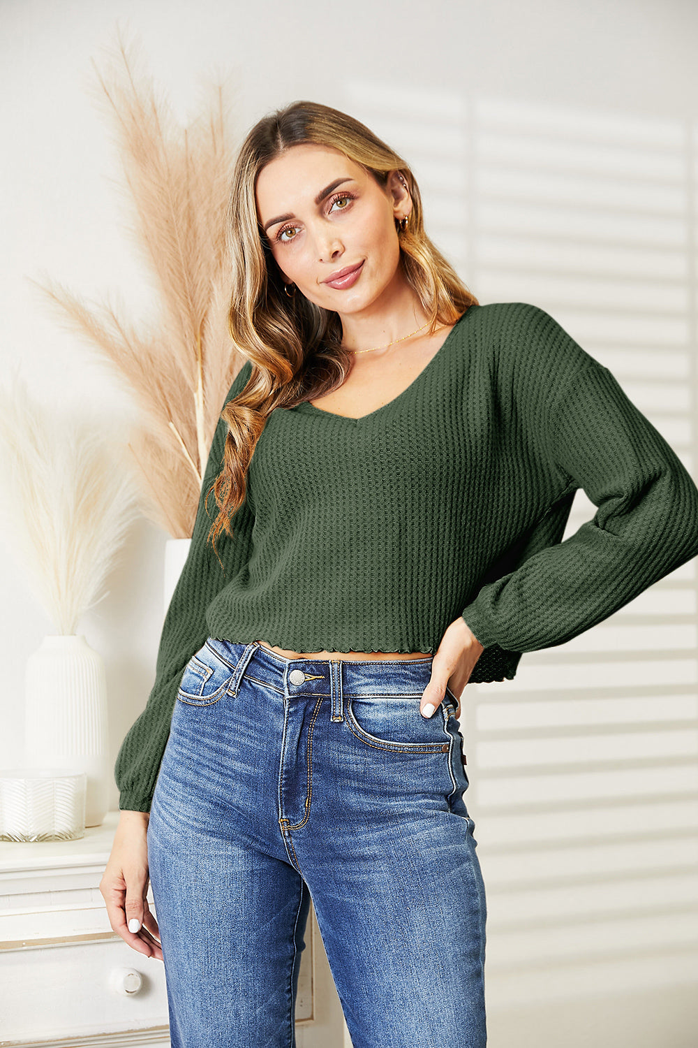 Full Size Waffle-Knit V-Neck Blouse BLUE ZONE PLANET