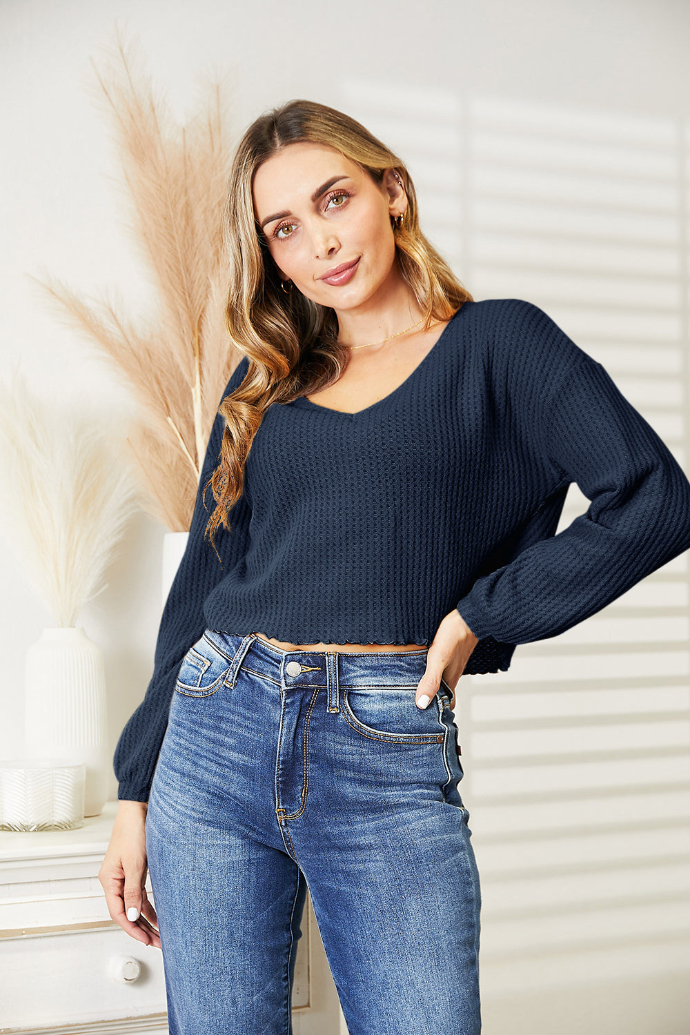 Full Size Waffle-Knit V-Neck Blouse BLUE ZONE PLANET