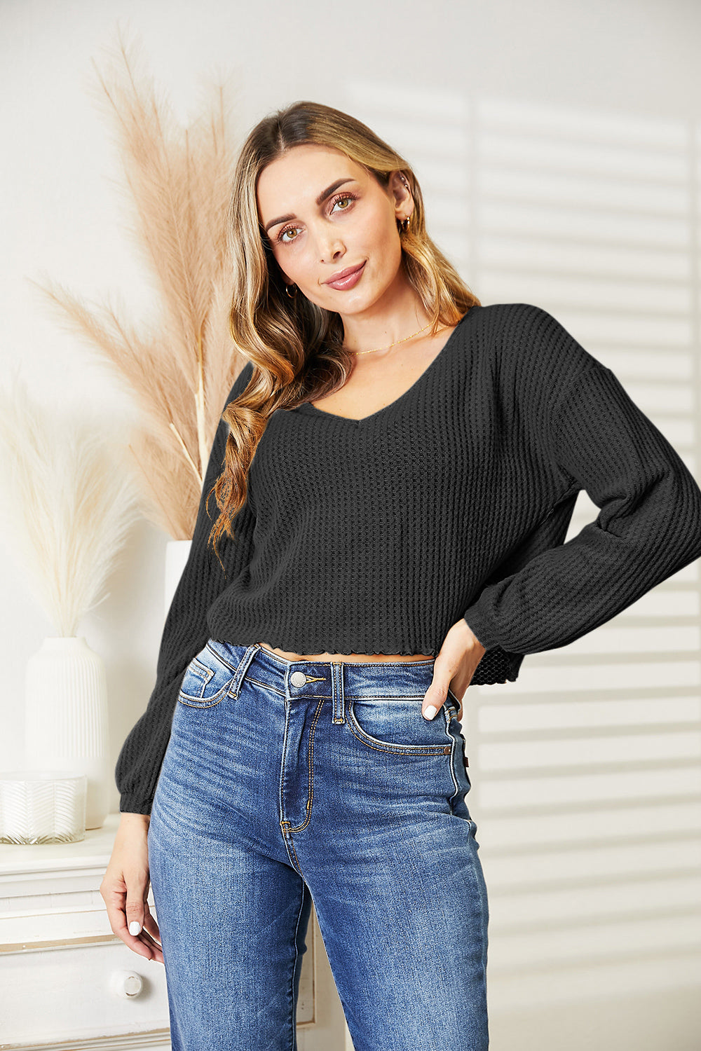 Full Size Waffle-Knit V-Neck Blouse BLUE ZONE PLANET