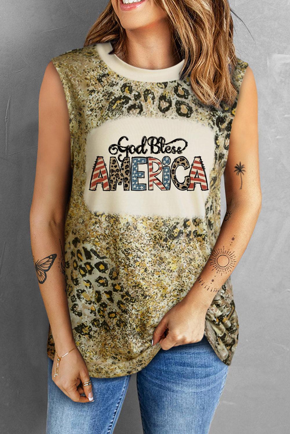 GOD BLESS AMERICA Graphic Leopard Tank BLUE ZONE PLANET