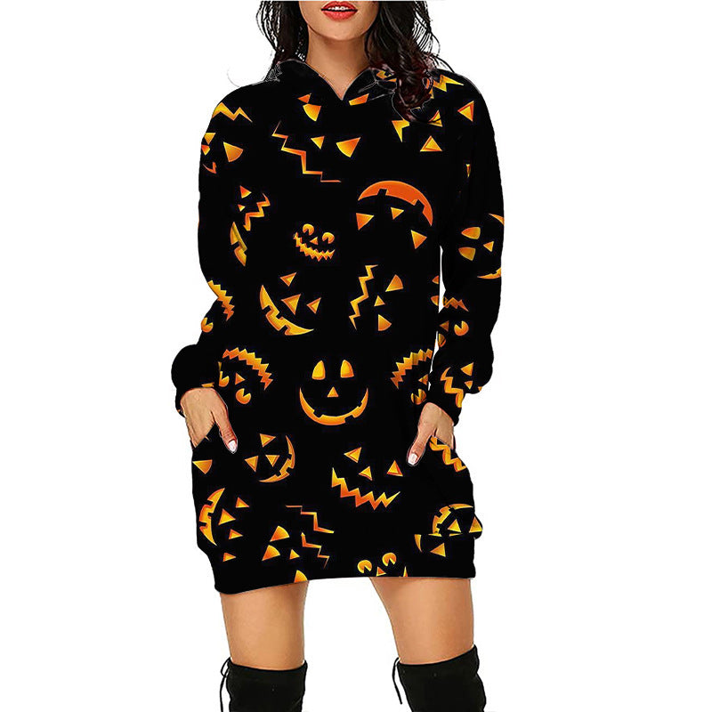 Blue Zone Planet | Women Halloween Pumpkin Print Hoodie Dress-TOPS / DRESSES-[Adult]-[Female]-Pattern1-S-2022 Online Blue Zone Planet