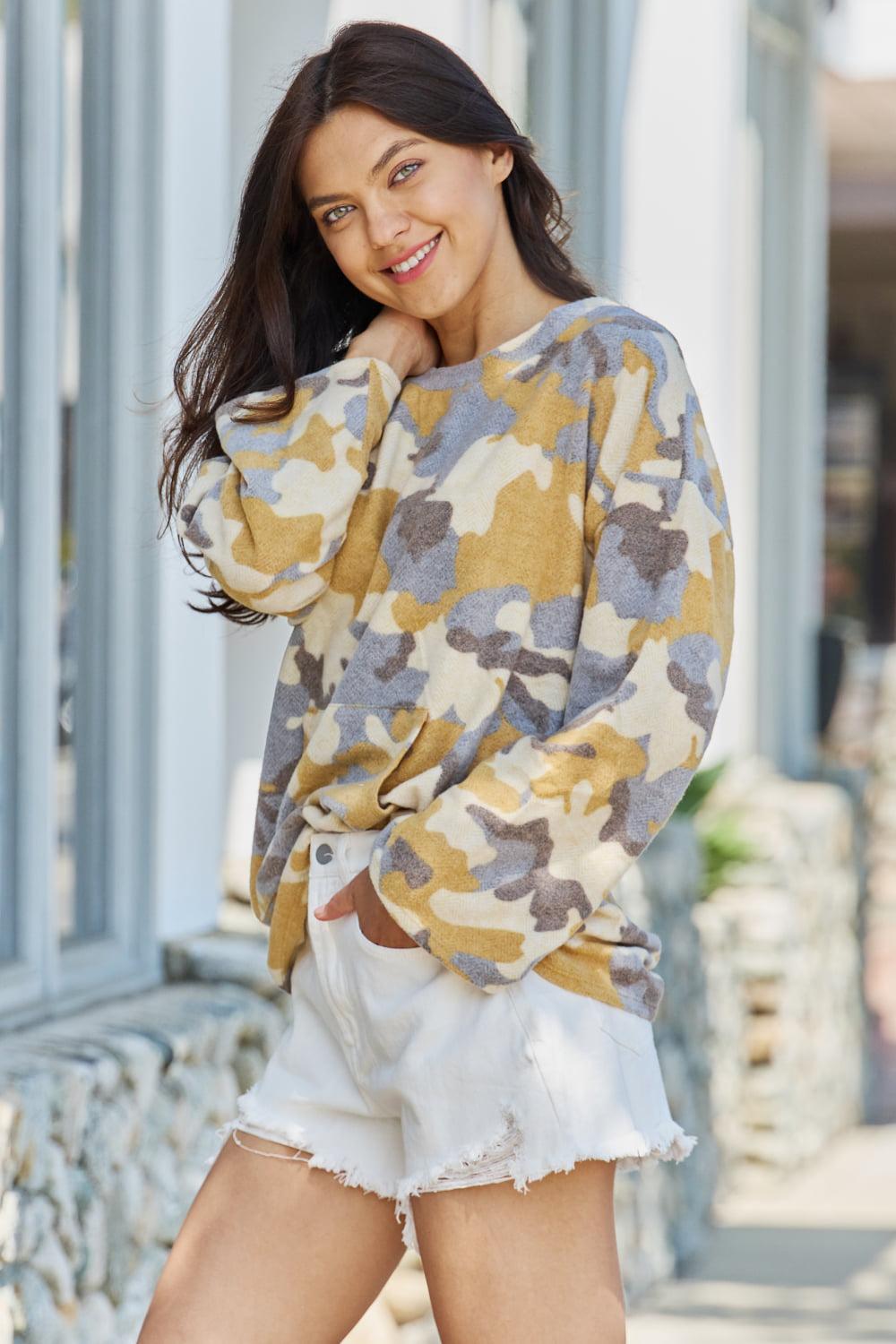 GeeGee All An Illusion Full Size Brushed Camo Print Pullover Top