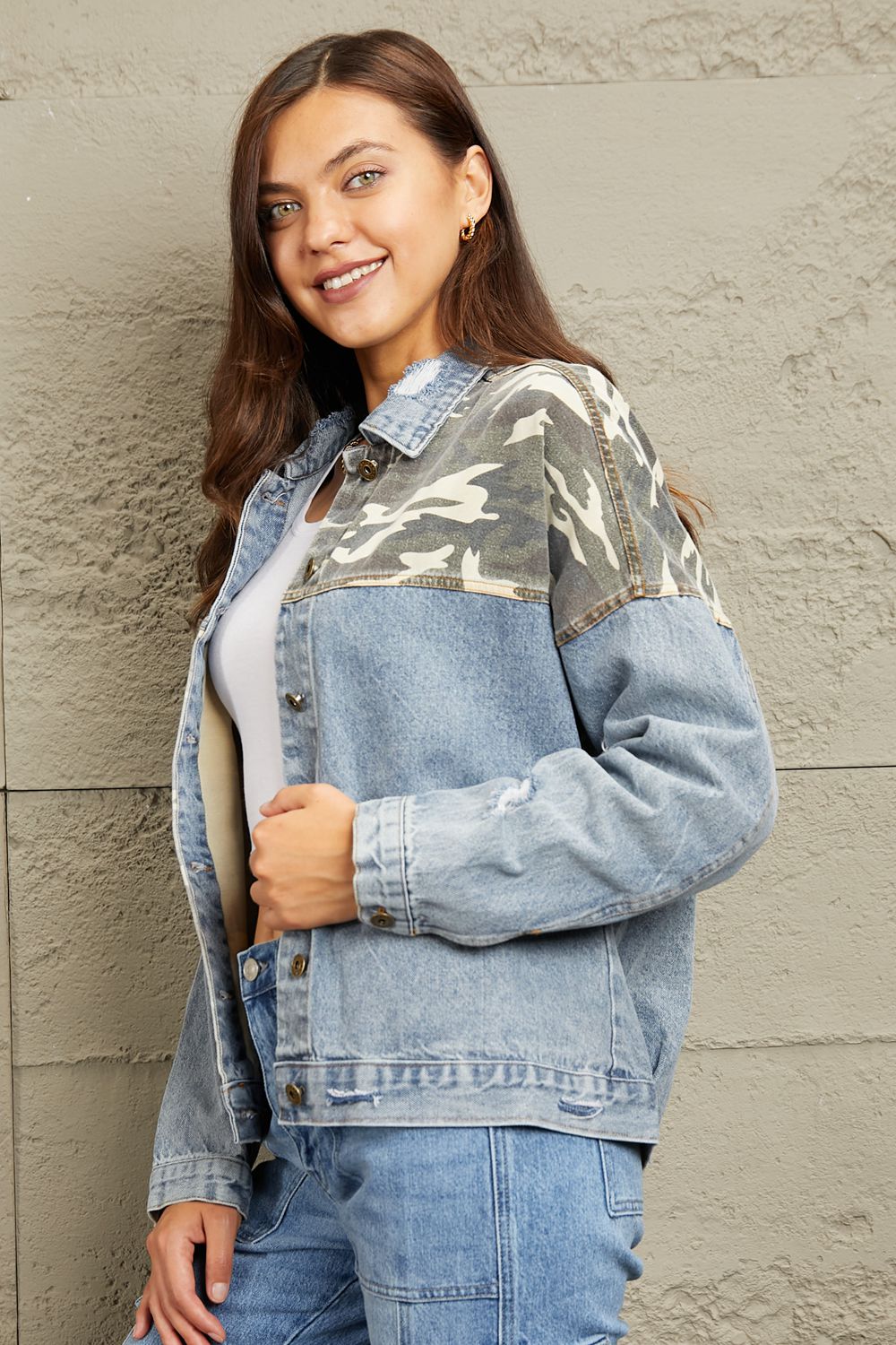 GeeGee Full Size Washed Denim Camo Contrast Jacket BLUE ZONE PLANET