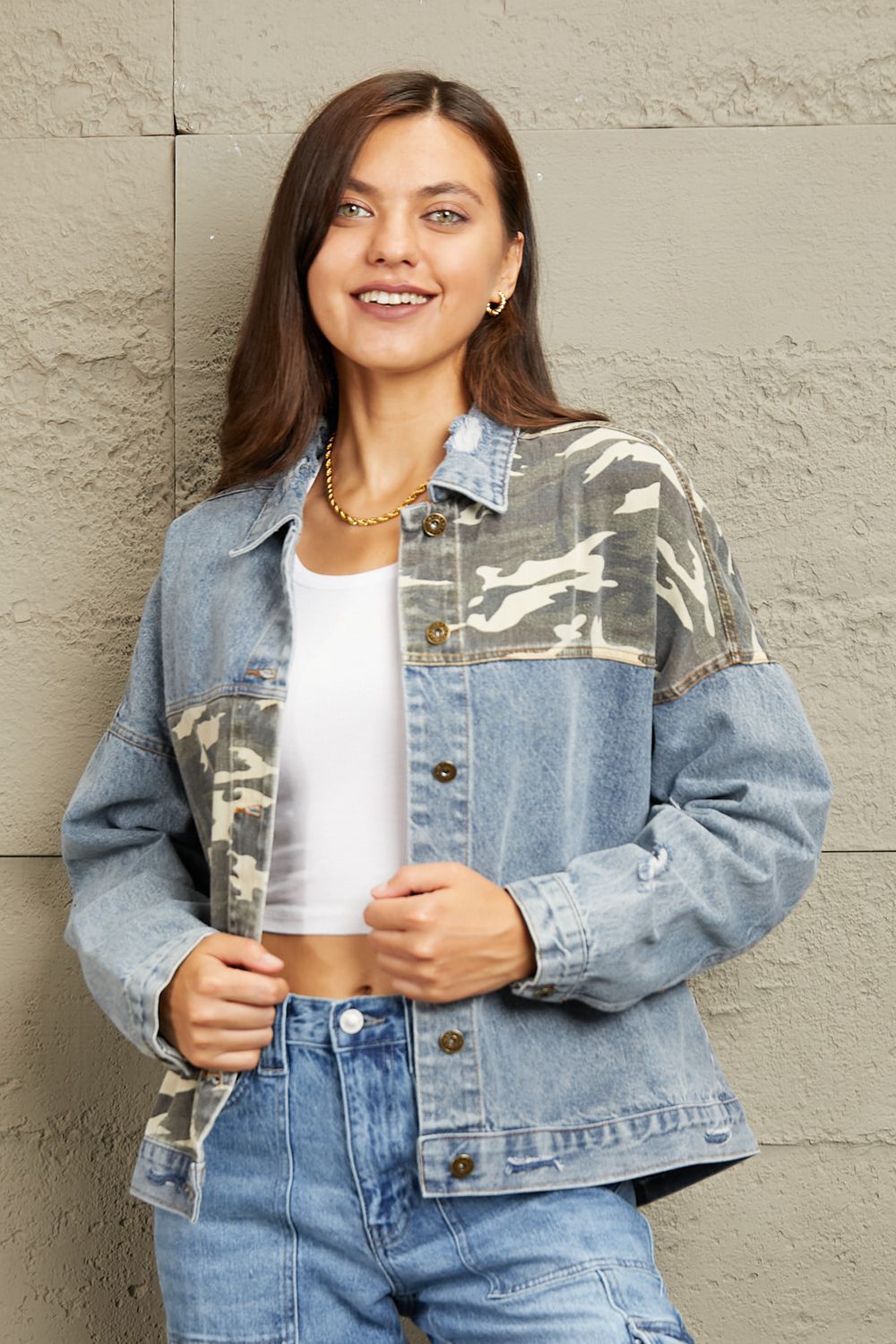 GeeGee Full Size Washed Denim Camo Contrast Jacket BLUE ZONE PLANET