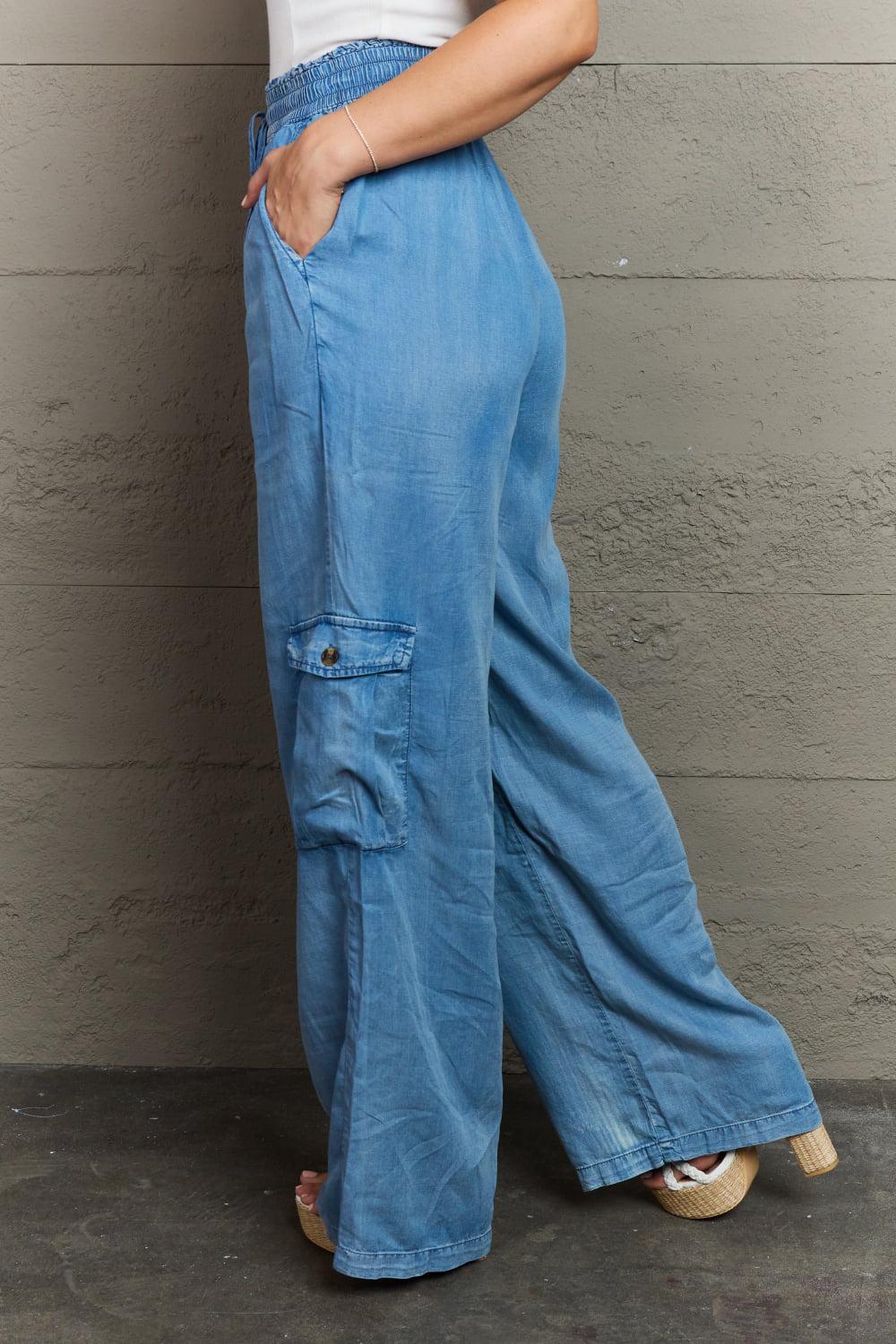 GeeGee Out Of Site Full Size Denim Cargo Pants BLUE ZONE PLANET