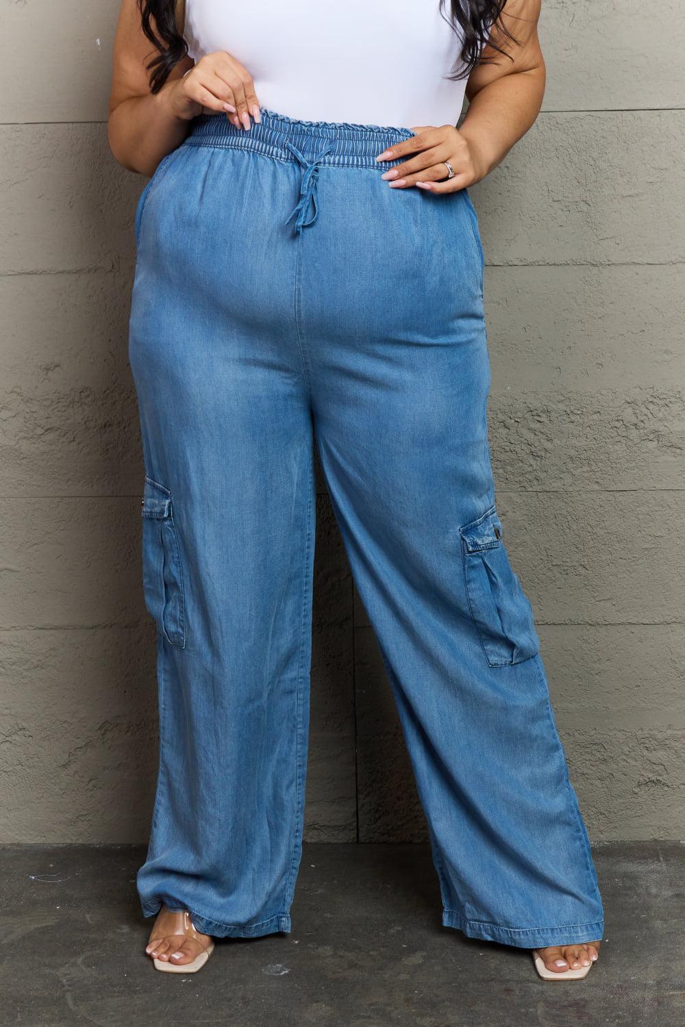 GeeGee Out Of Site Full Size Denim Cargo Pants BLUE ZONE PLANET