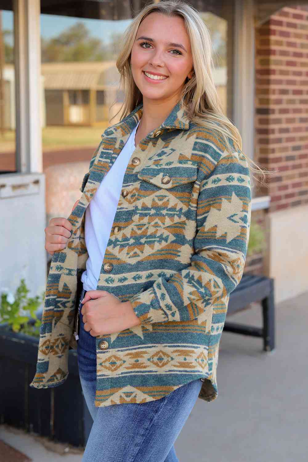 Geometric Button Down Collared Jacket BLUE ZONE PLANET