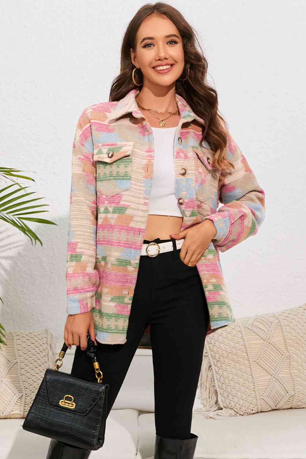 Geometric Button Down Collared Jacket BLUE ZONE PLANET