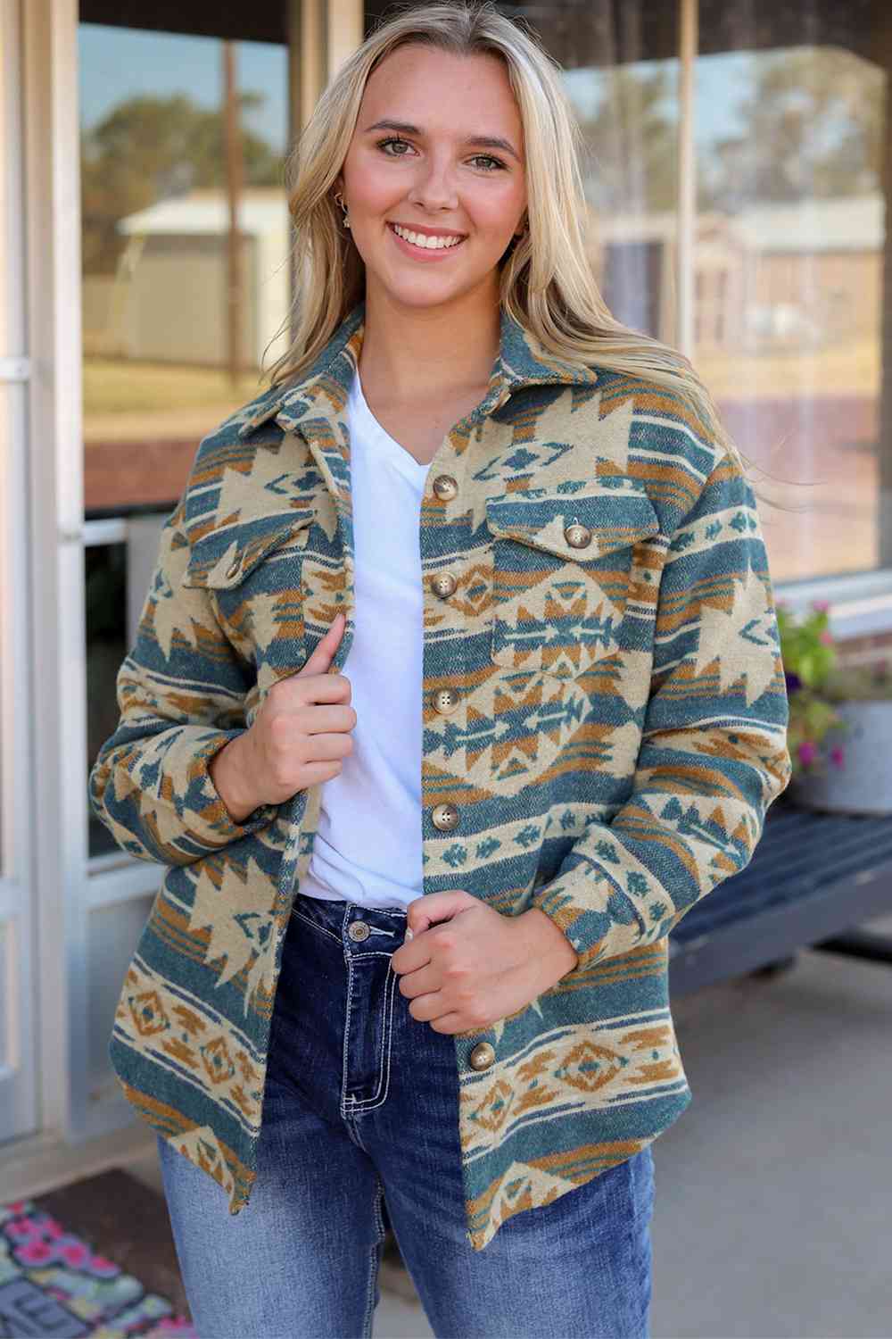 Geometric Button Down Collared Jacket BLUE ZONE PLANET