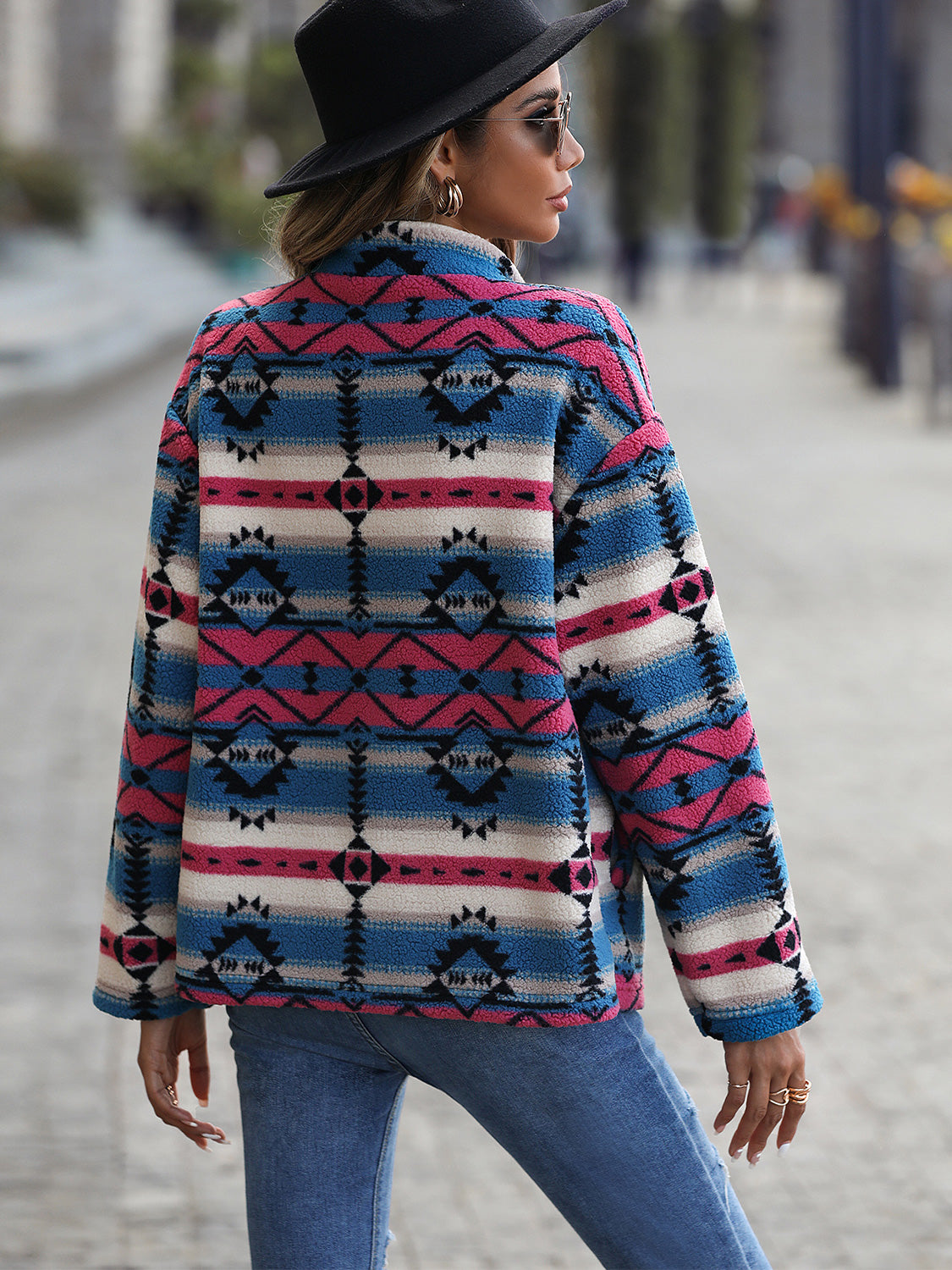 Geometric Button Down Dropped Shoulder Jacket BLUE ZONE PLANET