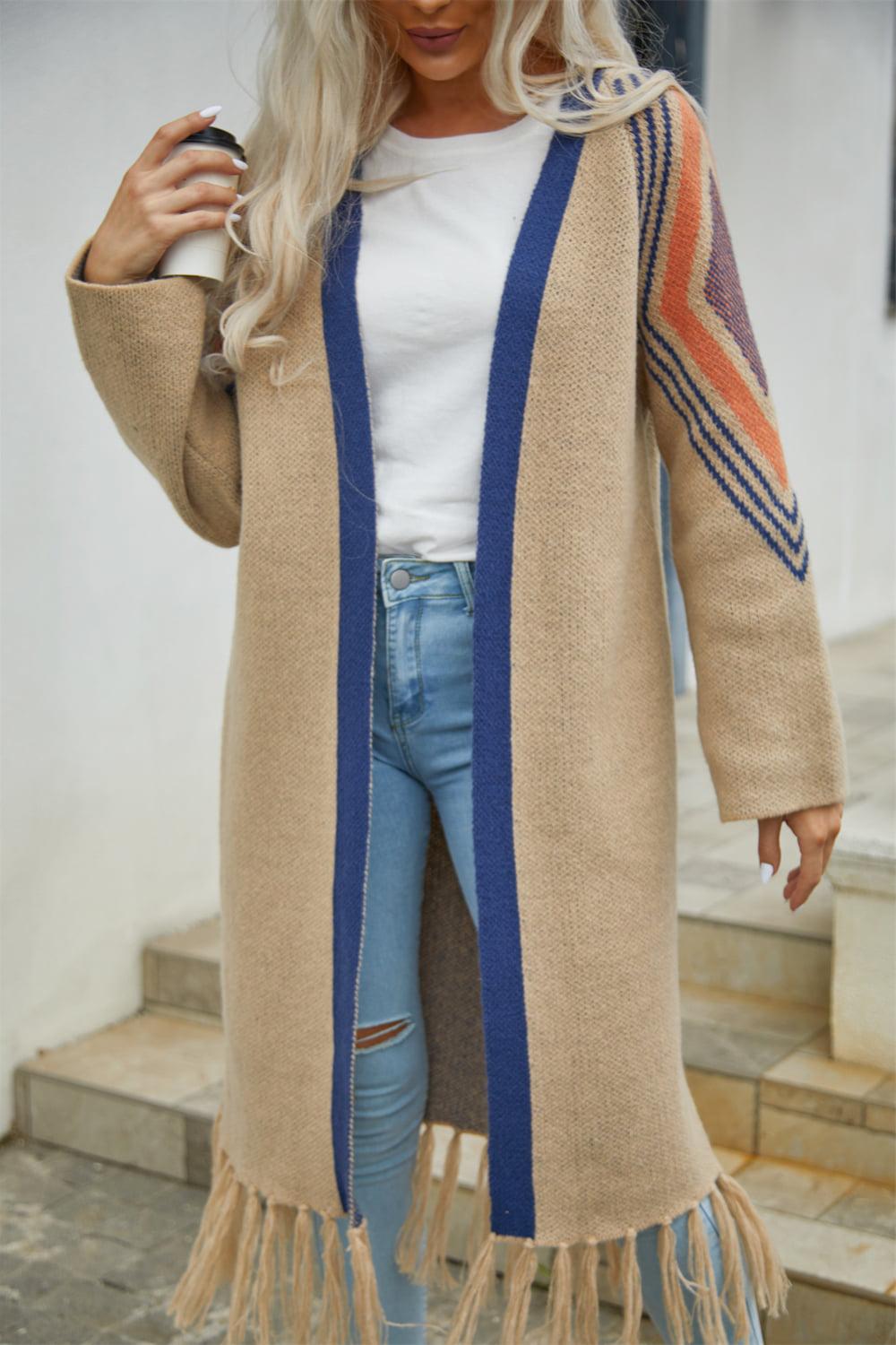 Geometric Fringe Hem Open Front Duster Cardigan BLUE ZONE PLANET