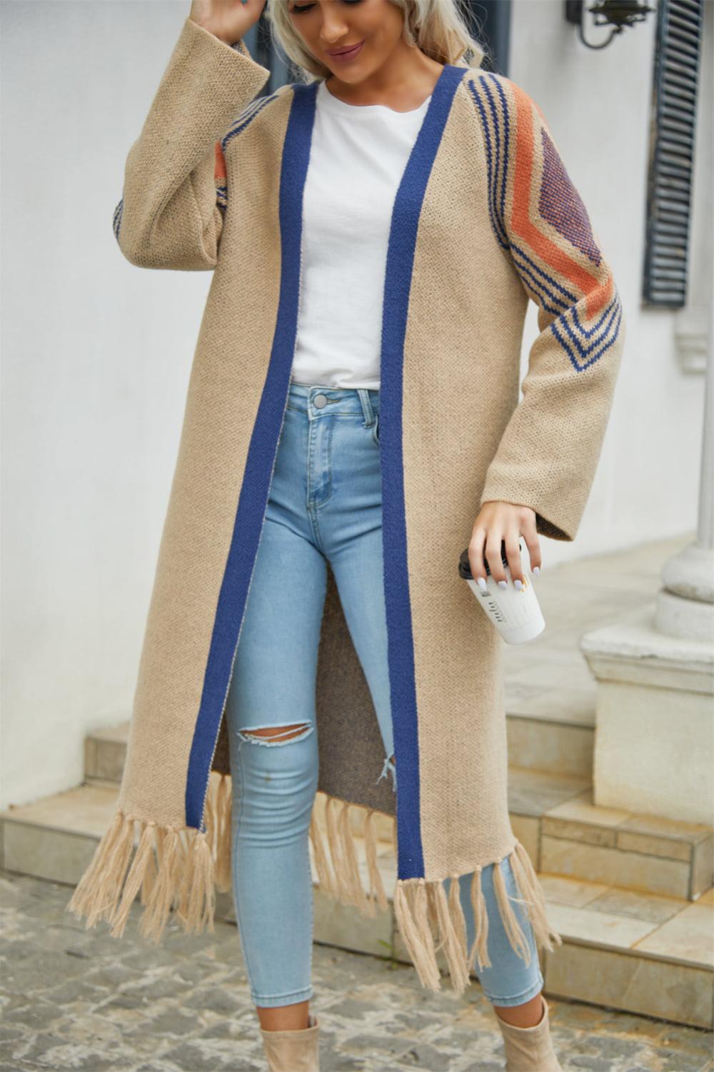 Geometric Fringe Hem Open Front Duster Cardigan BLUE ZONE PLANET