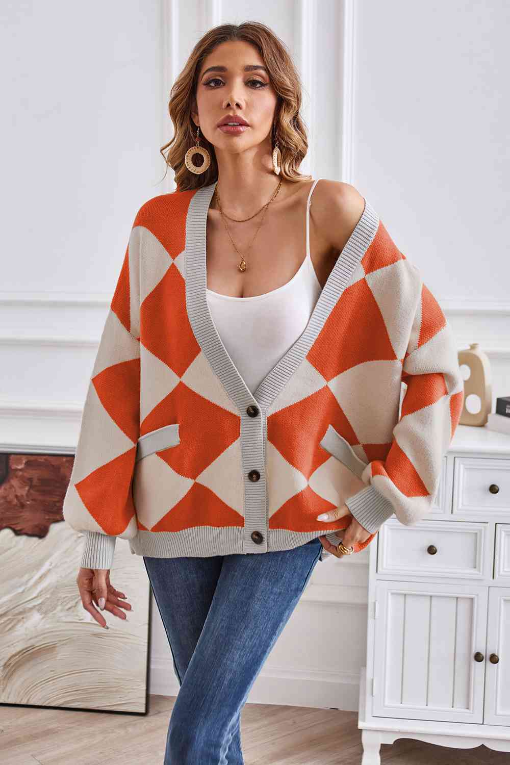 Geometric Lantern Sleeve Cardigan with Pockets BLUE ZONE PLANET