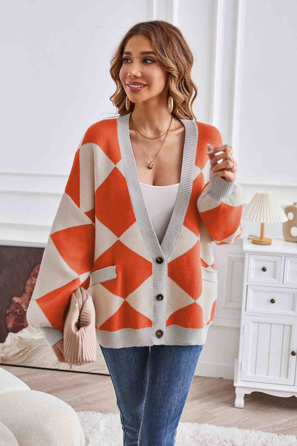 Geometric Lantern Sleeve Cardigan with Pockets BLUE ZONE PLANET