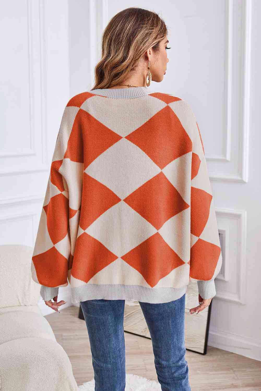 Geometric Lantern Sleeve Cardigan with Pockets BLUE ZONE PLANET