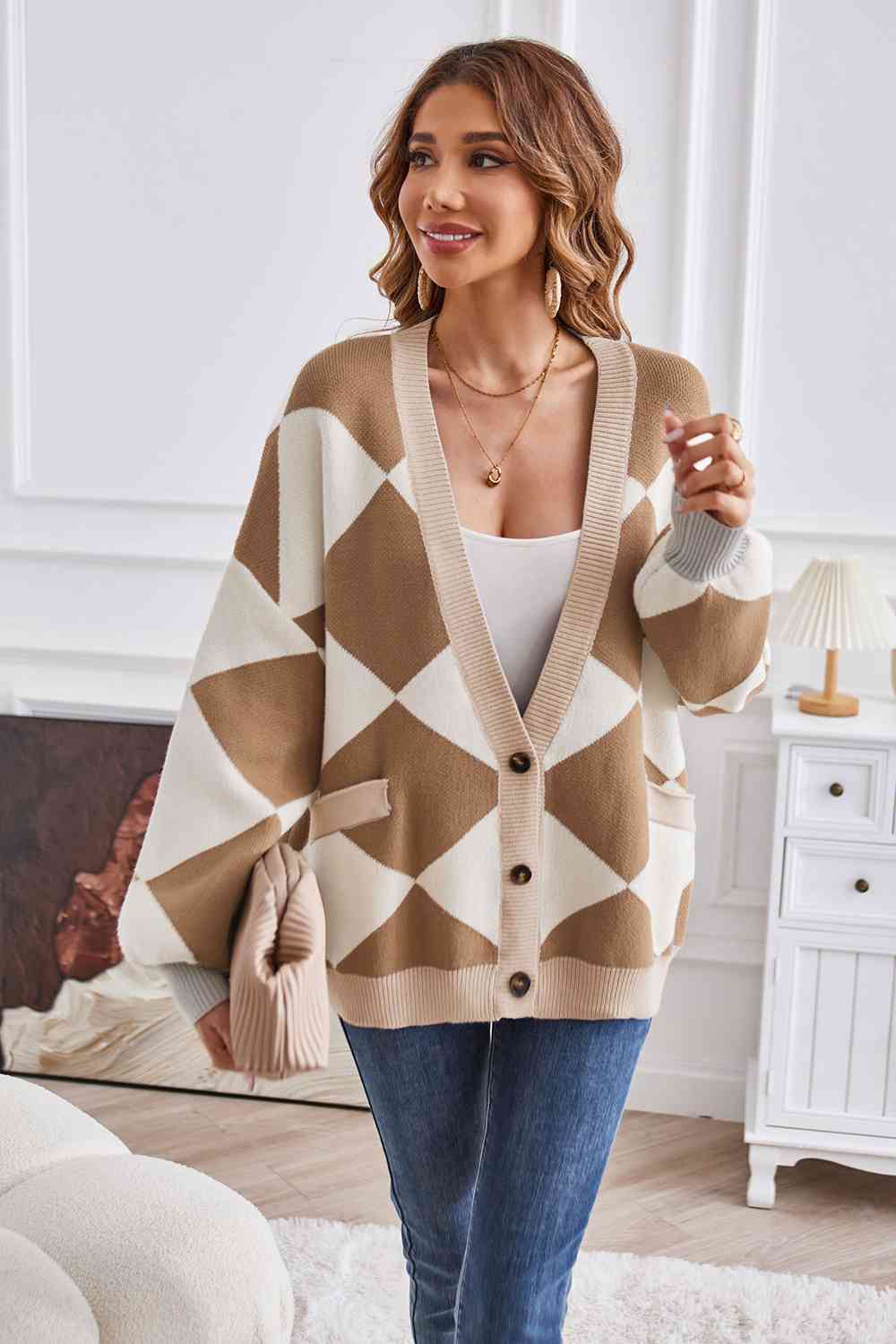 Geometric Lantern Sleeve Cardigan with Pockets BLUE ZONE PLANET