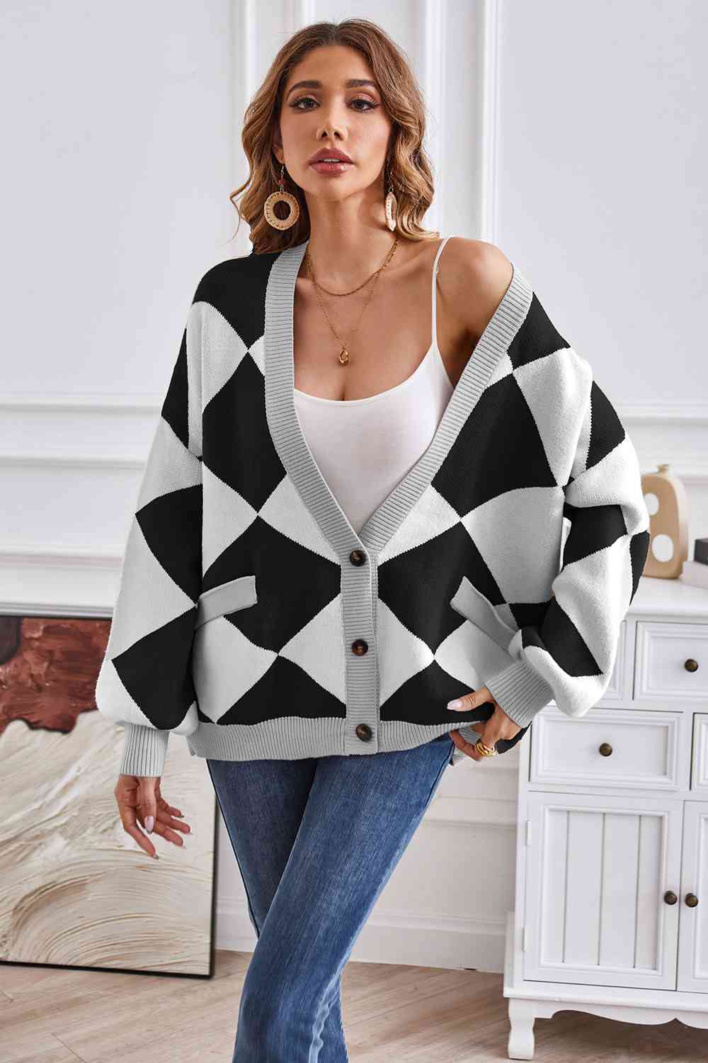 Geometric Lantern Sleeve Cardigan with Pockets BLUE ZONE PLANET