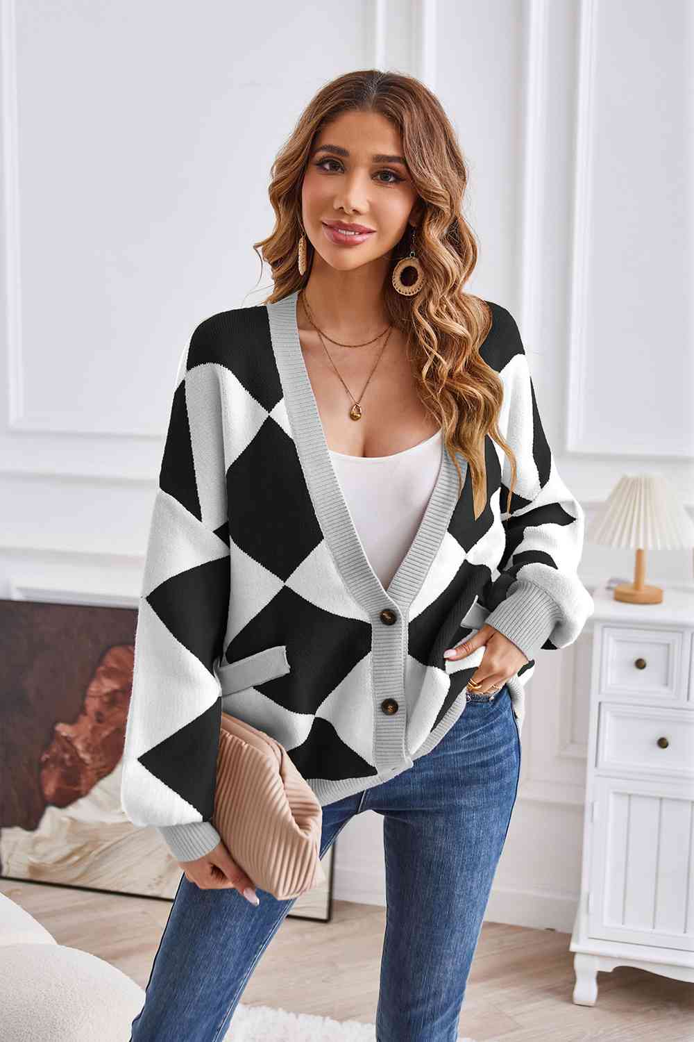 Geometric Lantern Sleeve Cardigan with Pockets BLUE ZONE PLANET