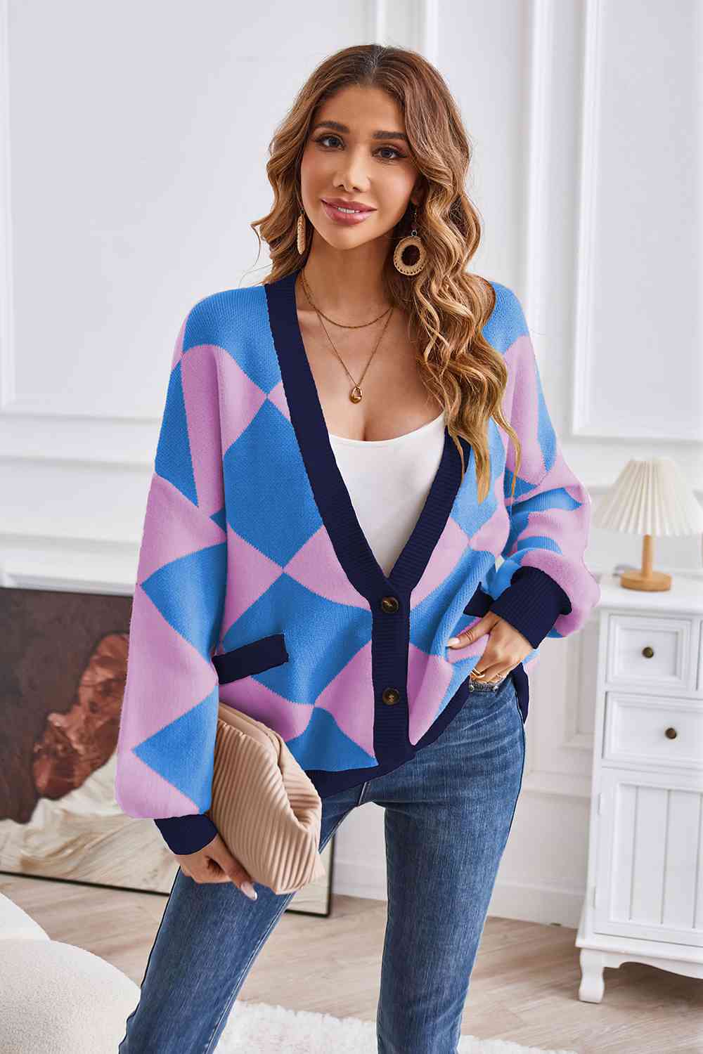 Geometric Lantern Sleeve Cardigan with Pockets BLUE ZONE PLANET