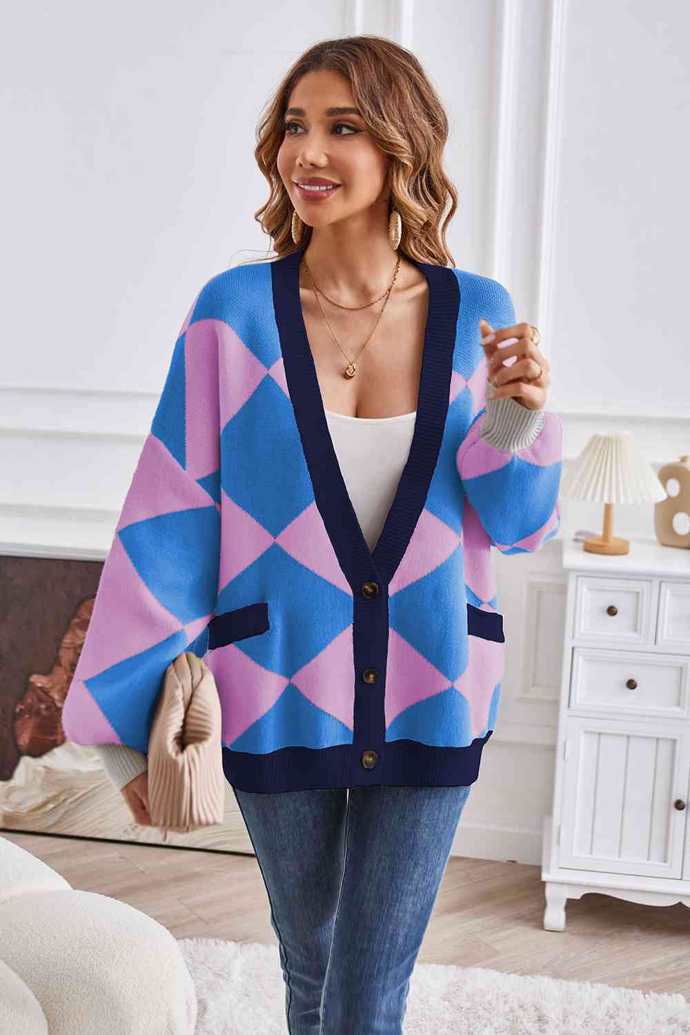 Geometric Lantern Sleeve Cardigan with Pockets BLUE ZONE PLANET