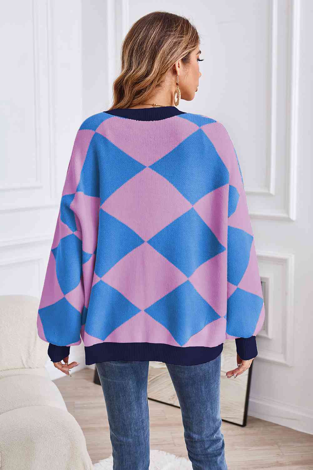 Geometric Lantern Sleeve Cardigan with Pockets BLUE ZONE PLANET