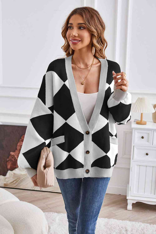 Geometric Lantern Sleeve Cardigan with Pockets BLUE ZONE PLANET