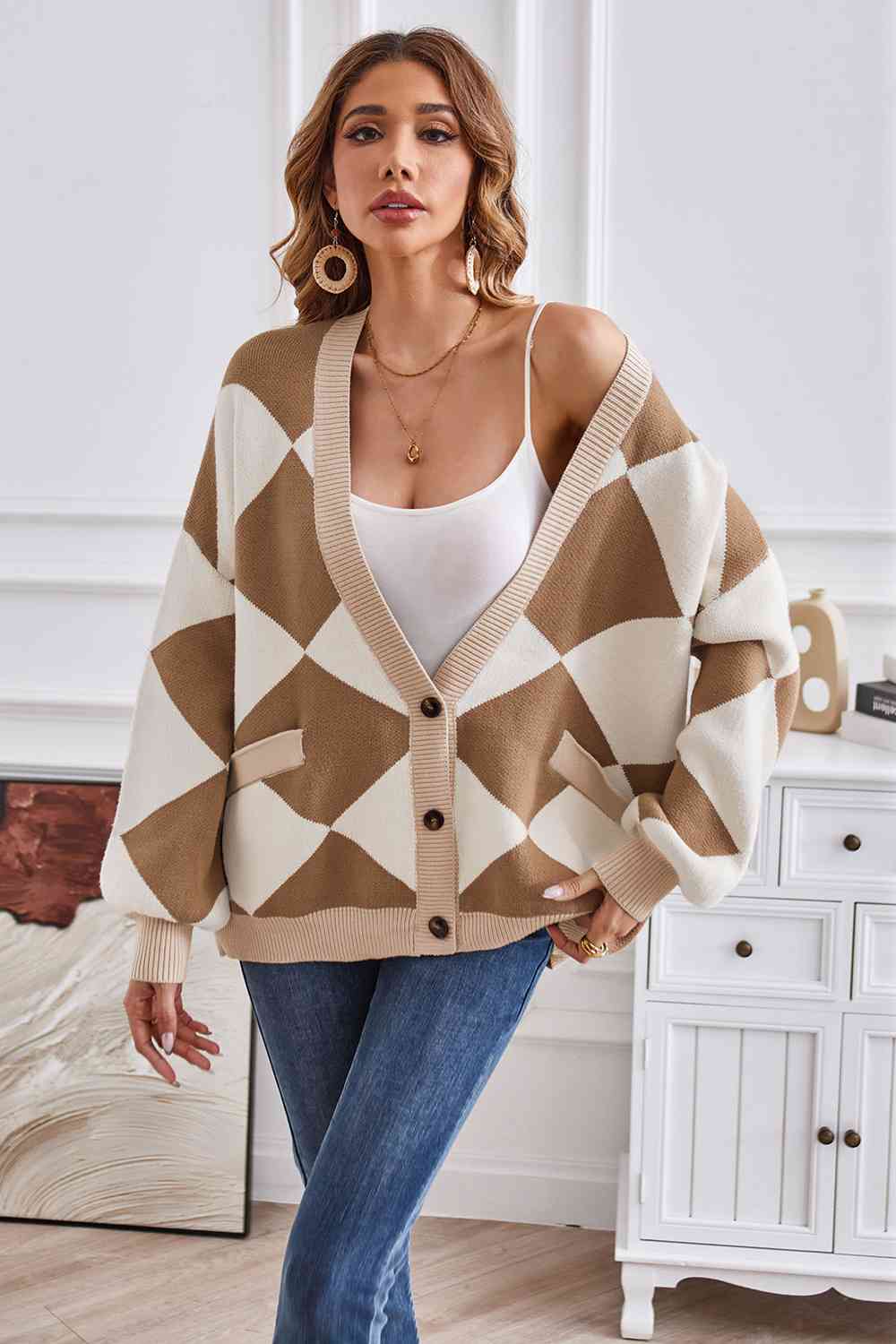 Geometric Lantern Sleeve Cardigan with Pockets BLUE ZONE PLANET