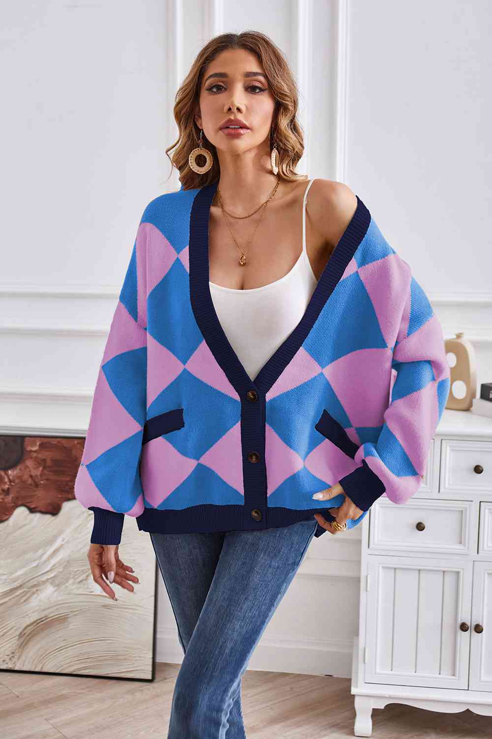 Geometric Lantern Sleeve Cardigan with Pockets BLUE ZONE PLANET