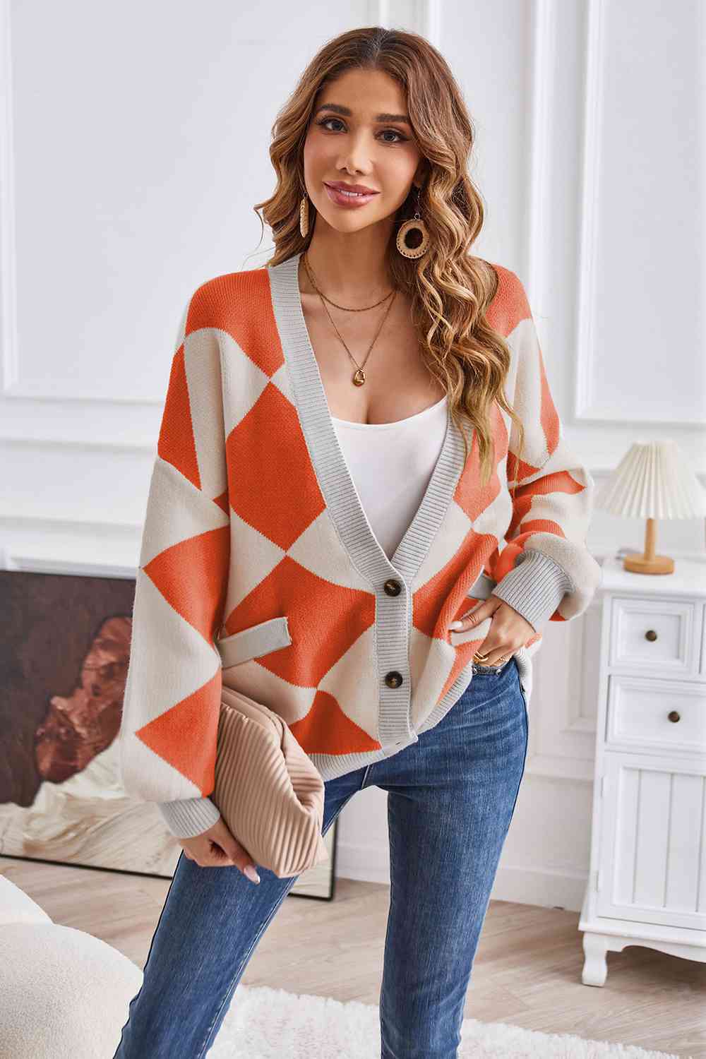 Geometric Lantern Sleeve Cardigan with Pockets BLUE ZONE PLANET