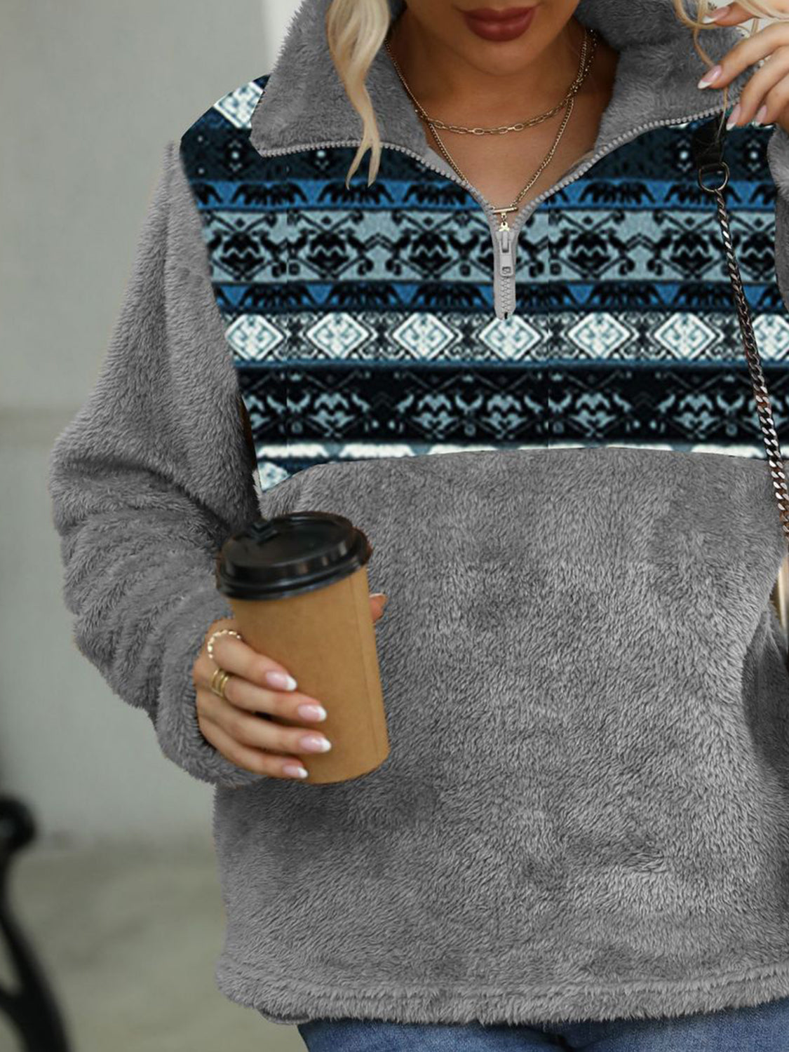 Geometric Quarter-Zip Collared Sweatshirt BLUE ZONE PLANET