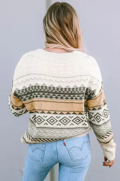 Geometric V-Neck Dropped Shoulder Sweater BLUE ZONE PLANET