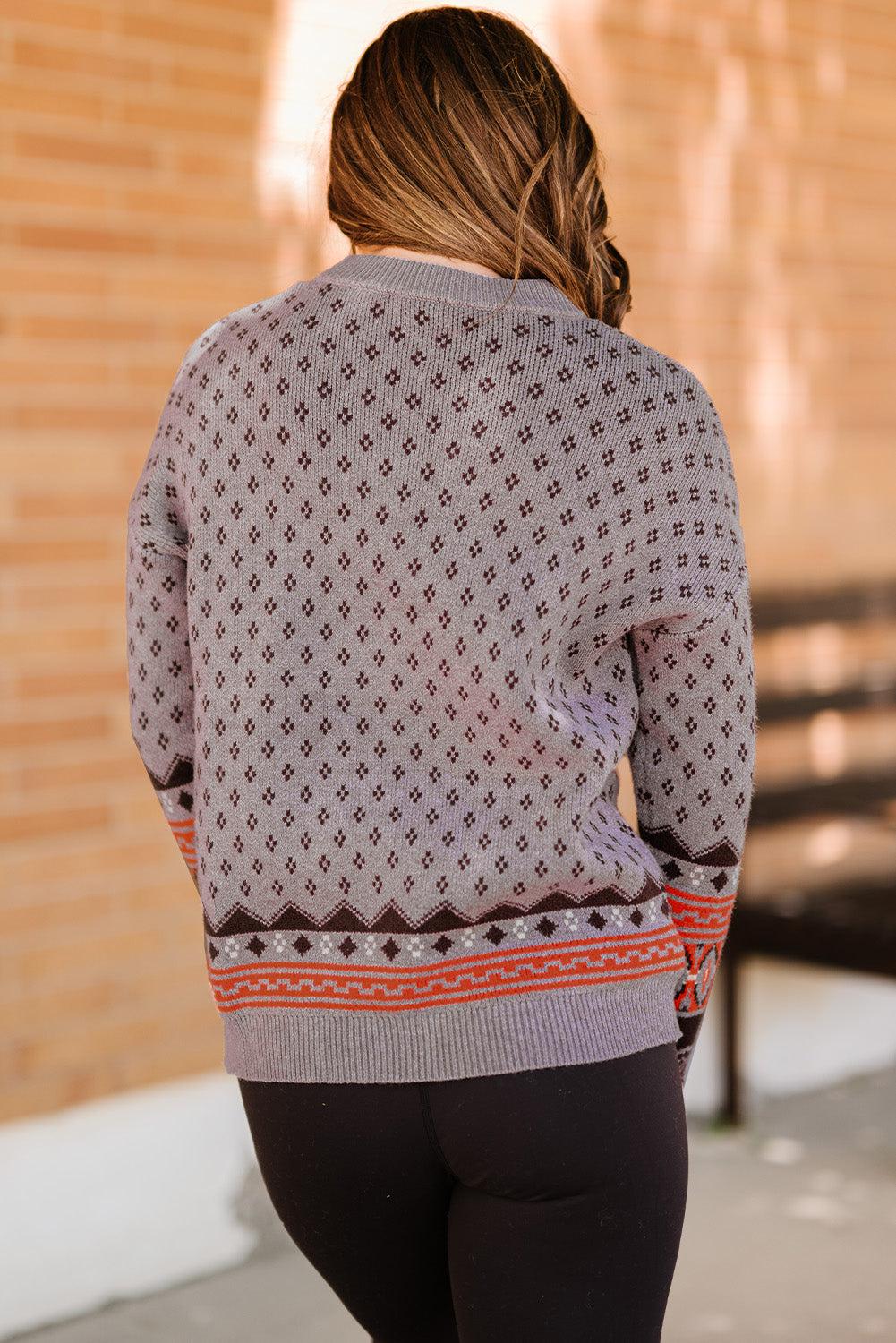 Geometrical Pattern Round Neck Dropped Shoulder Pullover Sweater BLUE ZONE PLANET